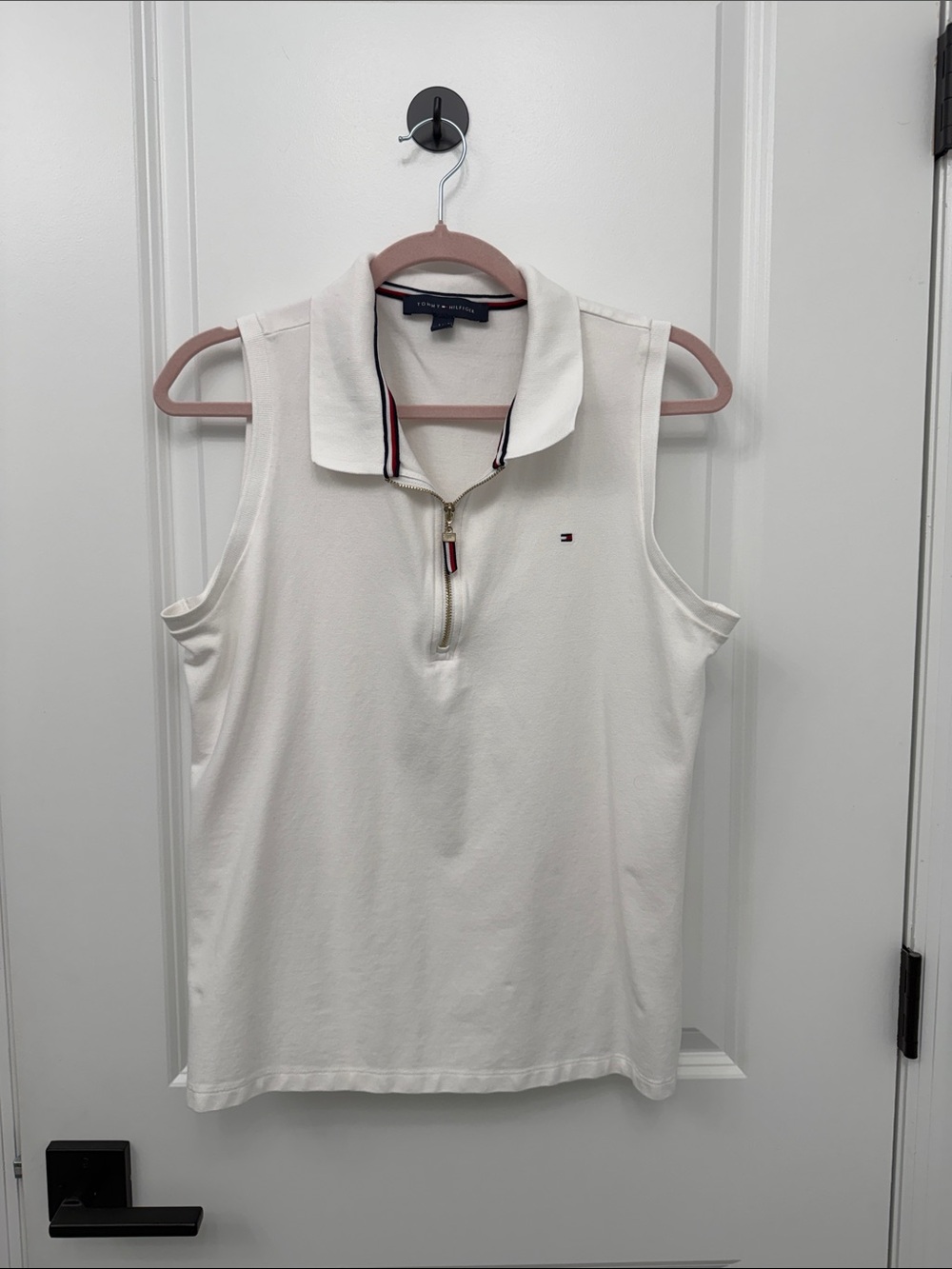 Tommy Hilfiger White Sleeveless Zip Polo with Signature Trim